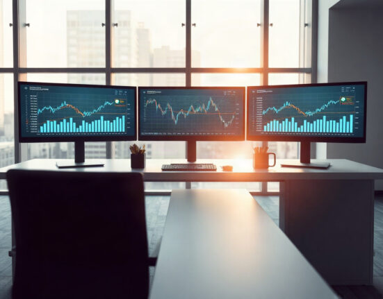 Modern trading desk with monitors displaying digital token charts, representing automated token portfolios