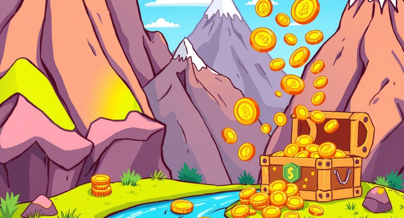 Avalanche ETF illustration showing digital coins staked for rewards in a vibrant mountain scene