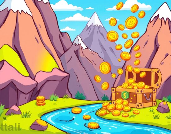 Avalanche ETF illustration showing digital coins staked for rewards in a vibrant mountain scene