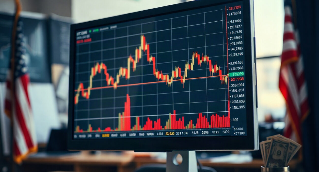 Bitcoin price charts on a monitor in a financial newsroom, illustrating market analysis.