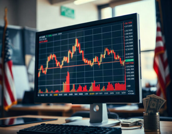 Bitcoin price charts on a monitor in a financial newsroom, illustrating market analysis.