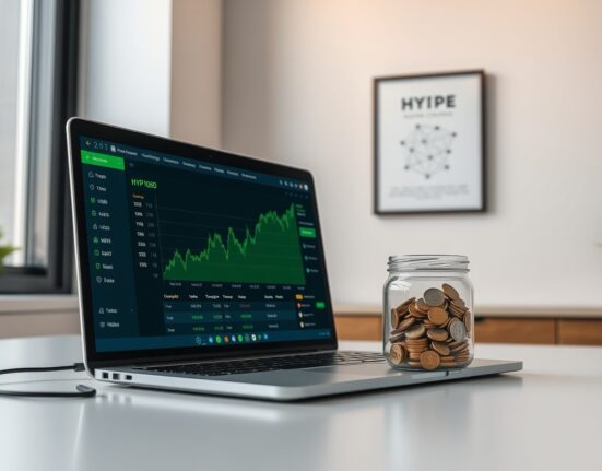 Bitwise BHYP ETF and HYPE token buyback concept with laptop and coins