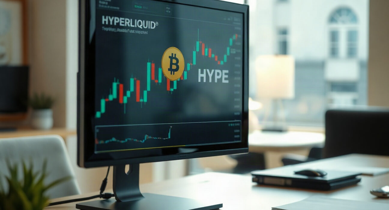 Trading desk monitor displaying HYPE token charts in a professional office setting