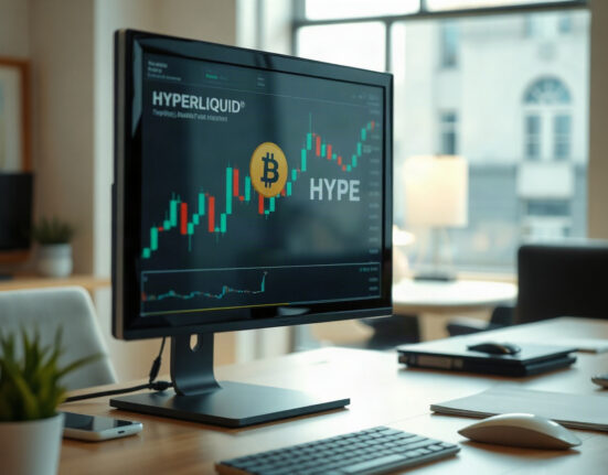 Trading desk monitor displaying HYPE token charts in a professional office setting