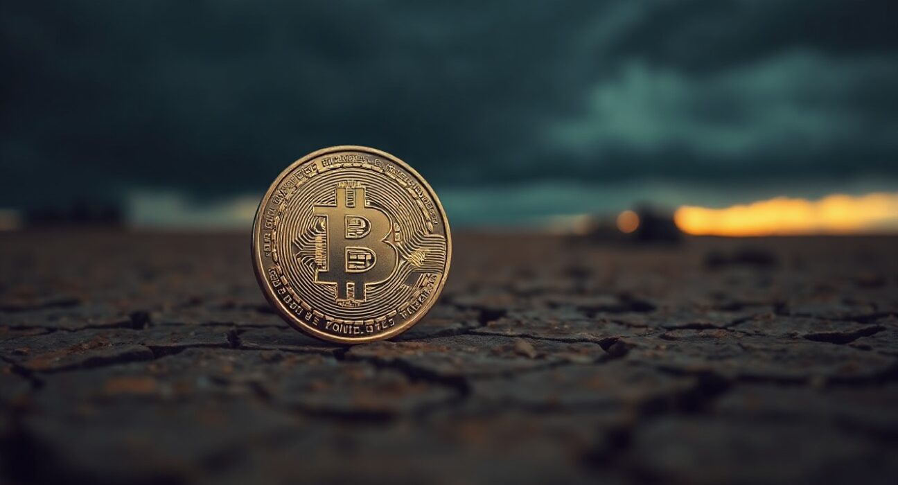 Bitcoin coin on cracked earth with stormy sky and golden horizon, representing macro risk and potential rebound