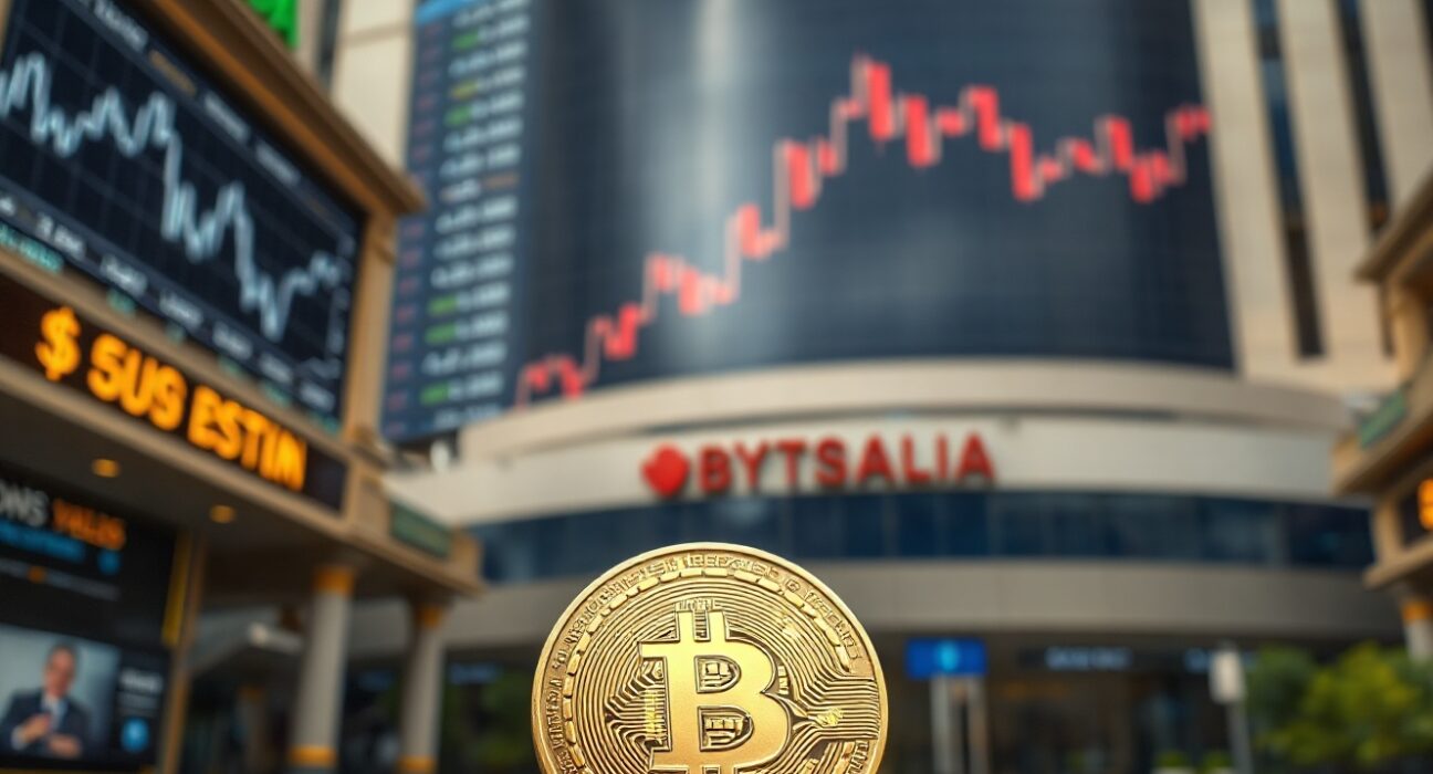 Bitcoin coin in foreground with blurred financial district and government buildings in background