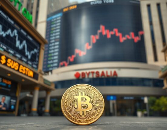 Bitcoin coin in foreground with blurred financial district and government buildings in background