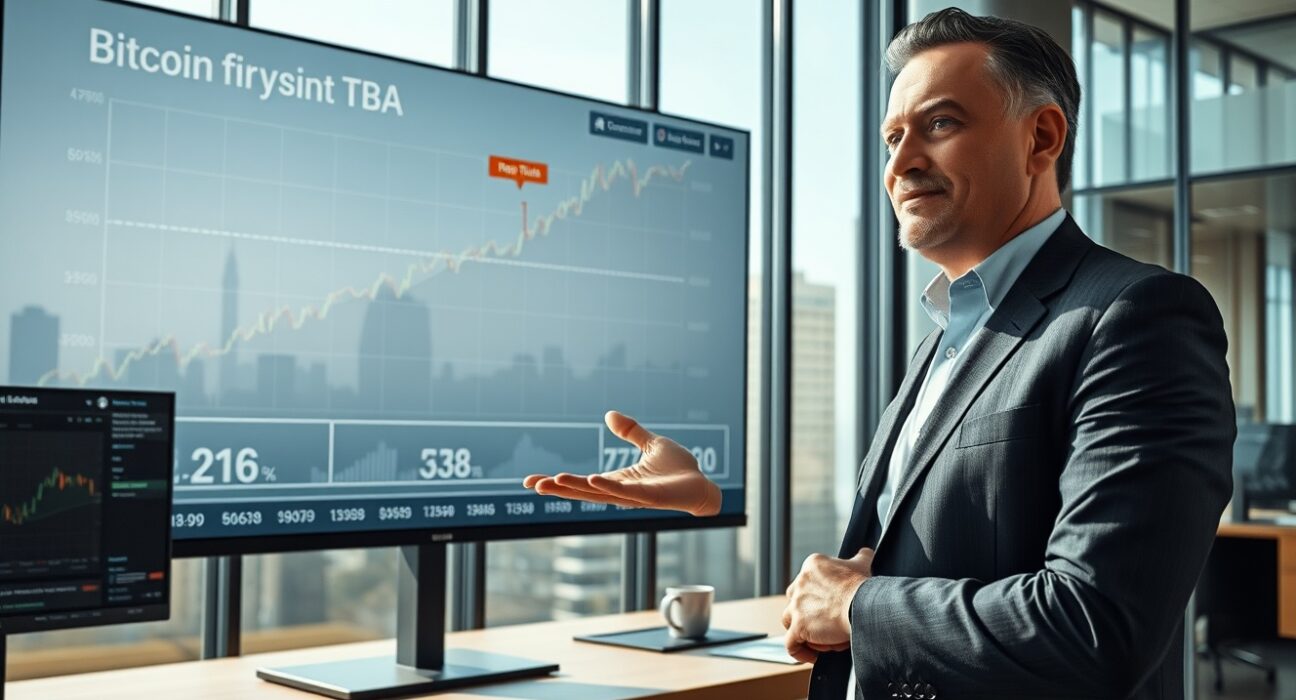 Bitwise investment strategist pointing at Bitcoin price chart with rising floor and dip highlighted in modern office setting