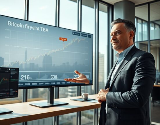 Bitwise investment strategist pointing at Bitcoin price chart with rising floor and dip highlighted in modern office setting
