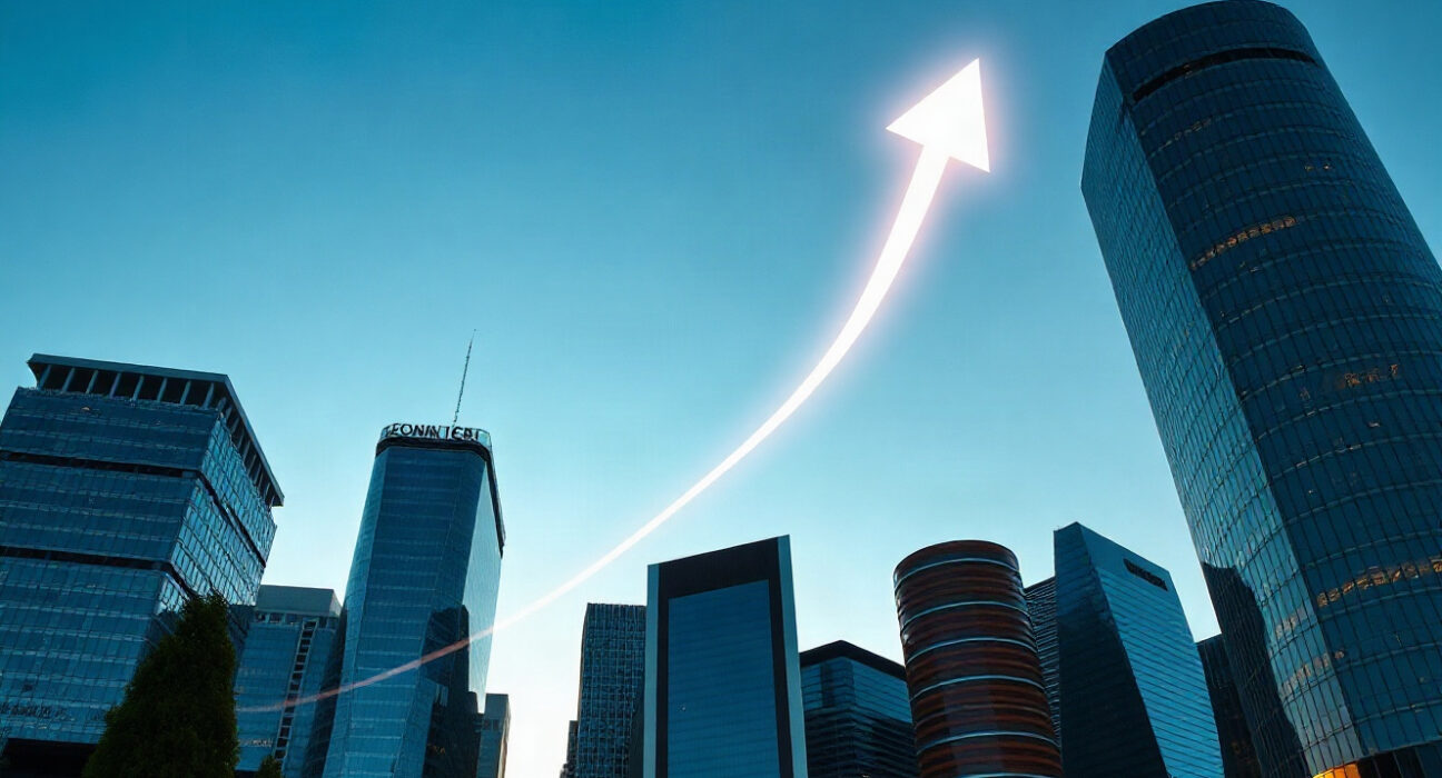 Financial district skyline with digital overlay of rising chart lines representing Solana ETF growth.
