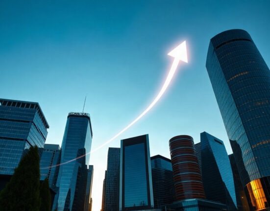 Financial district skyline with digital overlay of rising chart lines representing Solana ETF growth.