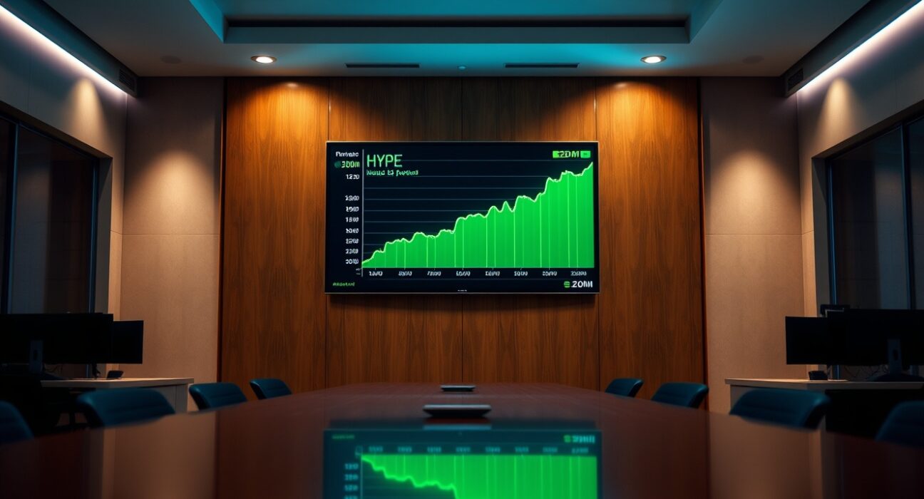 Digital trading screen showing HYPE chart with $20M purchase figure in a modern office