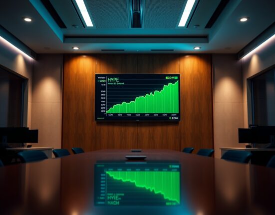 Digital trading screen showing HYPE chart with $20M purchase figure in a modern office