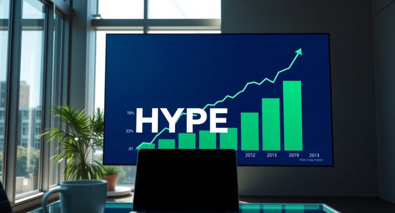 Financial office with digital display showing HYPE token price chart