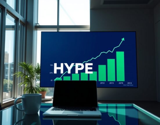 Financial office with digital display showing HYPE token price chart