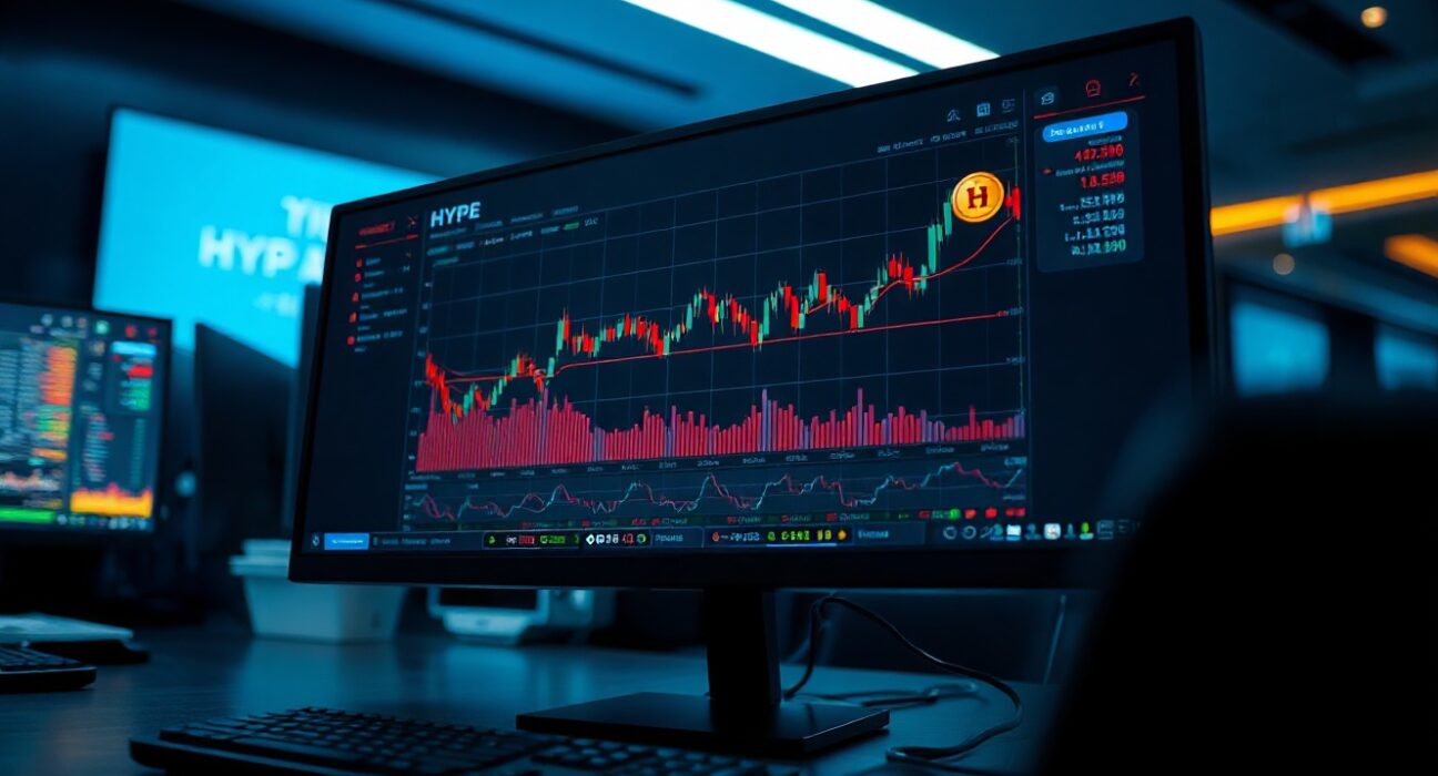 Trading monitor displaying HYPE token chart and cryptocurrency data in a professional office setting