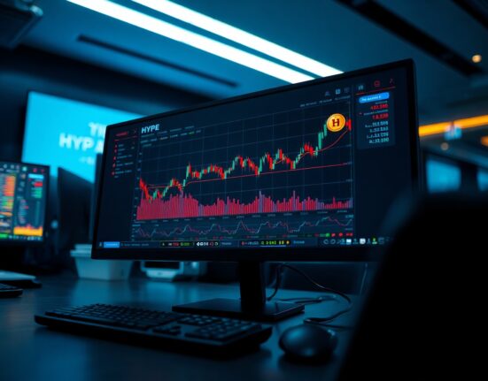 Trading monitor displaying HYPE token chart and cryptocurrency data in a professional office setting