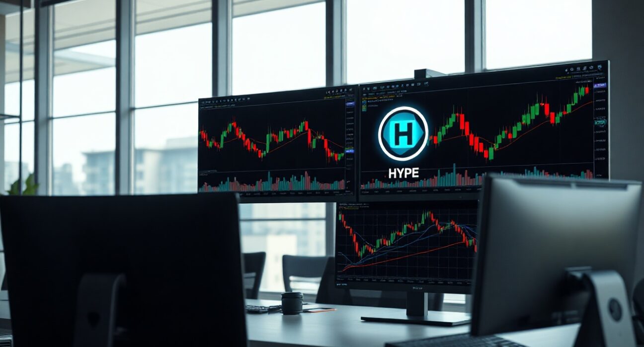 Financial trading desk with monitors displaying HYPE token charts and data.
