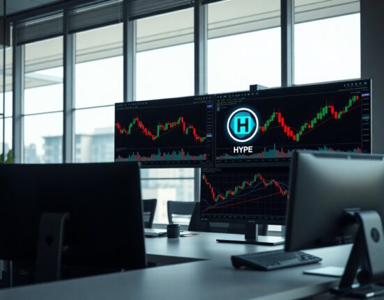 Financial trading desk with monitors displaying HYPE token charts and data.