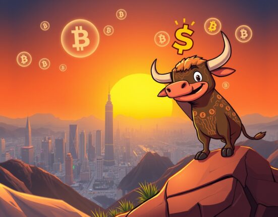A triumphant cartoon bull symbolizing the predicted crypto bull market overlooking a digital future landscape.