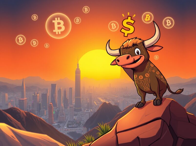 A triumphant cartoon bull symbolizing the predicted crypto bull market overlooking a digital future landscape.
