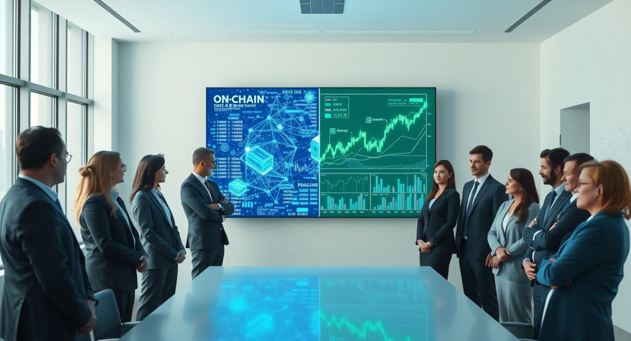 Professionals in a meeting room analyzing a digital display comparing on-chain and off-chain financial data.