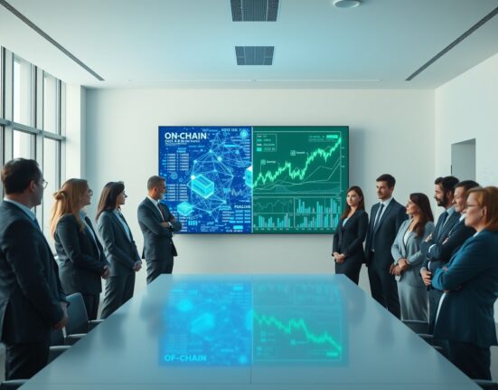 Professionals in a meeting room analyzing a digital display comparing on-chain and off-chain financial data.