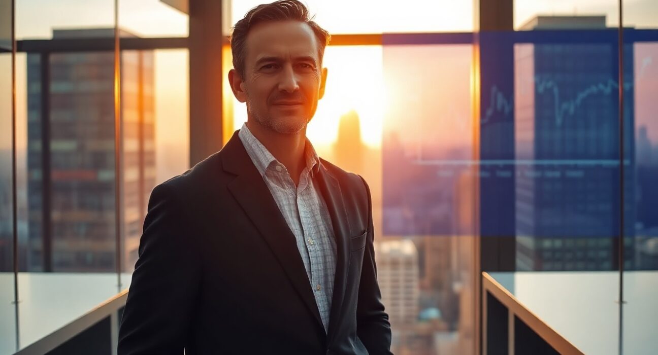 Bitwise CEO Hunter Horsley standing in a modern office with city skyline view, representing crypto market leadership.