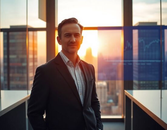 Bitwise CEO Hunter Horsley standing in a modern office with city skyline view, representing crypto market leadership.