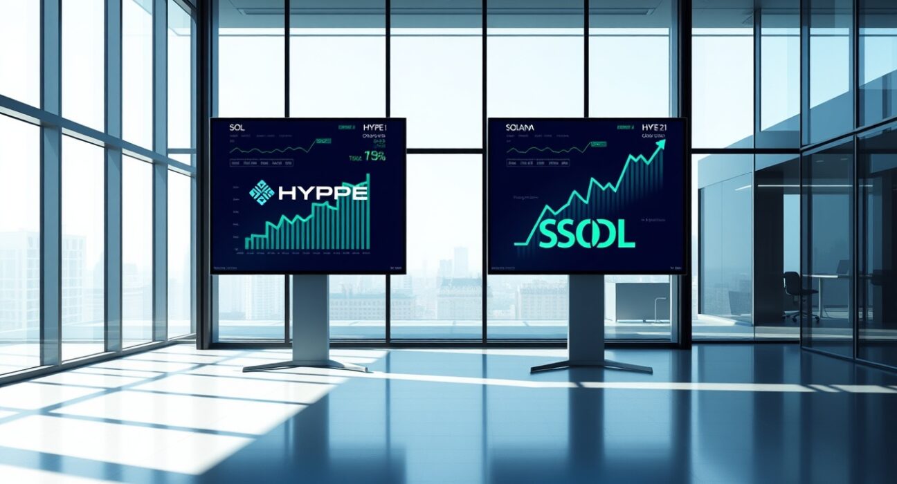 Two large digital screens showing Hyperliquid and Solana logos and charts in a modern office setting