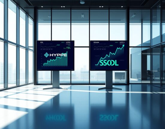 Two large digital screens showing Hyperliquid and Solana logos and charts in a modern office setting
