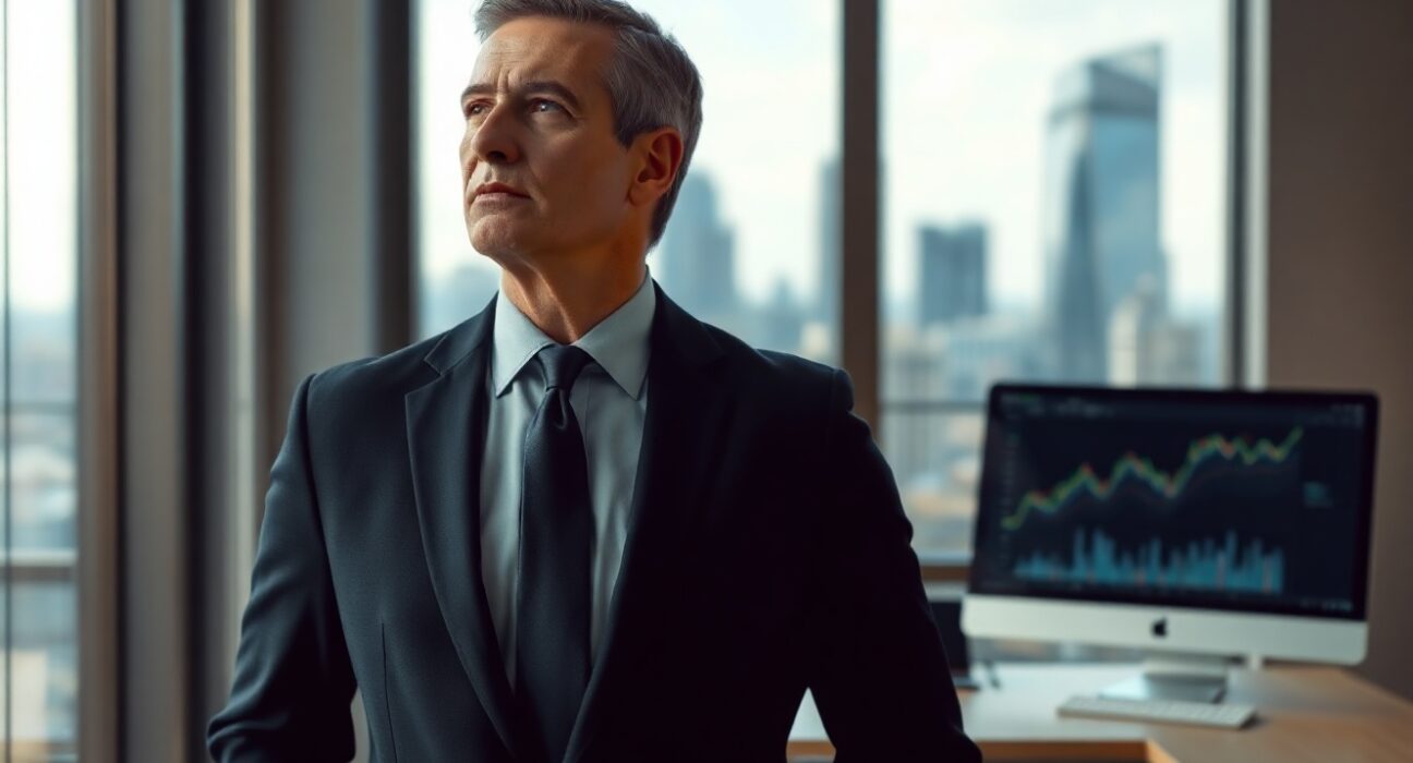 Bitwise CEO Hunter Horsley in a modern office, looking thoughtfully into the distance, representing strategic long-term crypto investing.