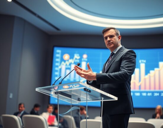 Bitwise CEO Hunter Horsley speaking at a conference with a crypto growth chart displayed behind him.
