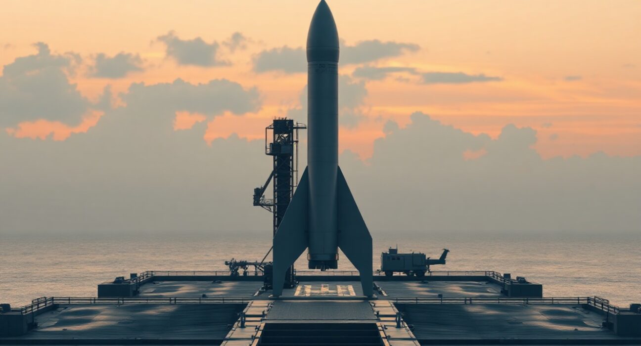 A SpaceX rocket on a launchpad at dawn with a digital blockchain grid overlay in the sky.