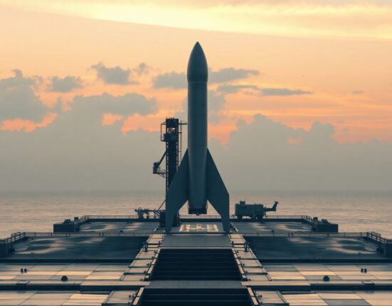 A SpaceX rocket on a launchpad at dawn with a digital blockchain grid overlay in the sky.