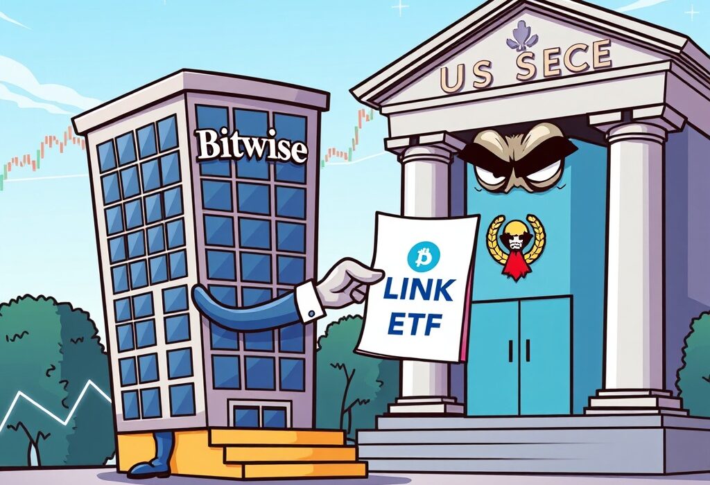 Cartoon illustration showing Bitwise submitting a Chainlink ETF application to the SEC, symbolizing a key step in crypto regulation.