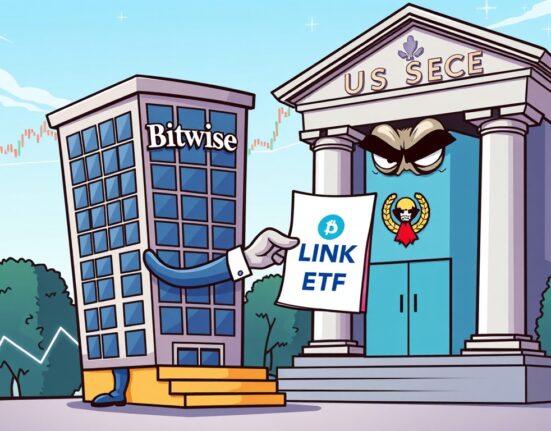 Cartoon illustration showing Bitwise submitting a Chainlink ETF application to the SEC, symbolizing a key step in crypto regulation.