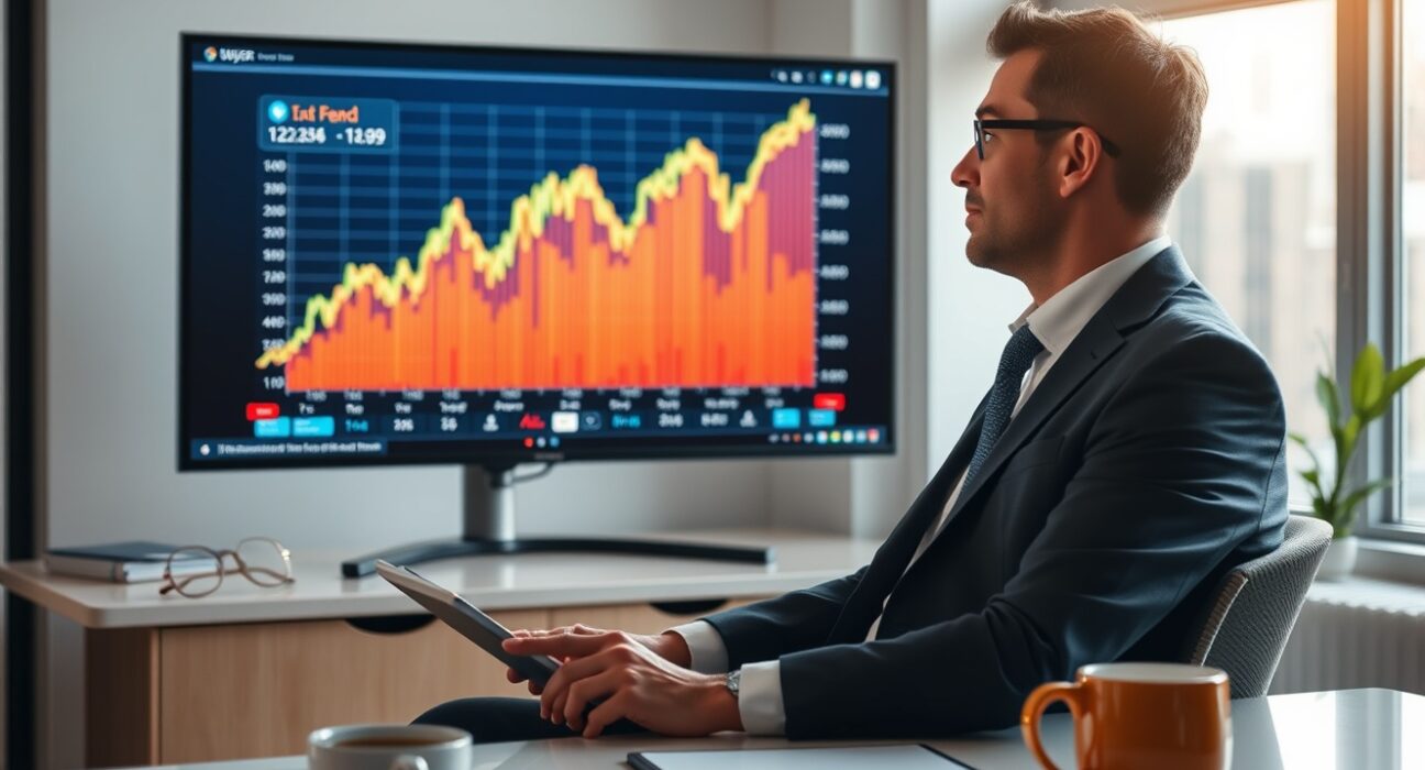 Financial advisor looking at a cryptocurrency chart on a screen in a modern office