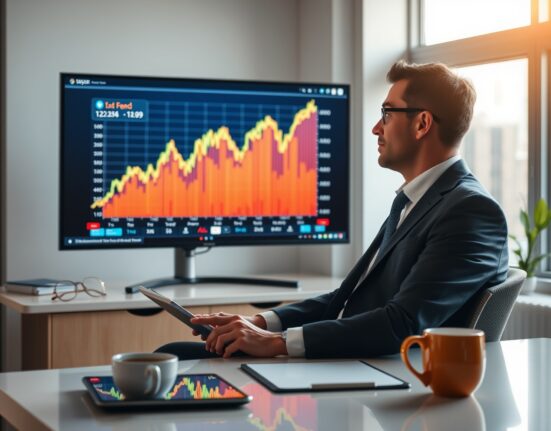 Financial advisor looking at a cryptocurrency chart on a screen in a modern office