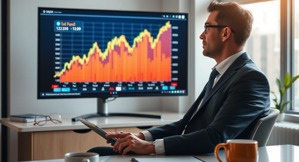 Financial advisor looking at a cryptocurrency chart on a screen in a modern office