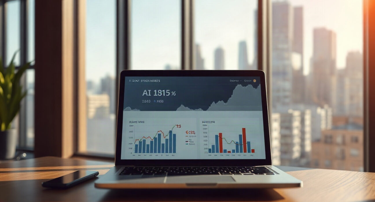 Analyst reviewing AI stock and Bitcoin charts on a laptop in a modern office, symbolizing investment strategy amid U.S. debt concerns.
