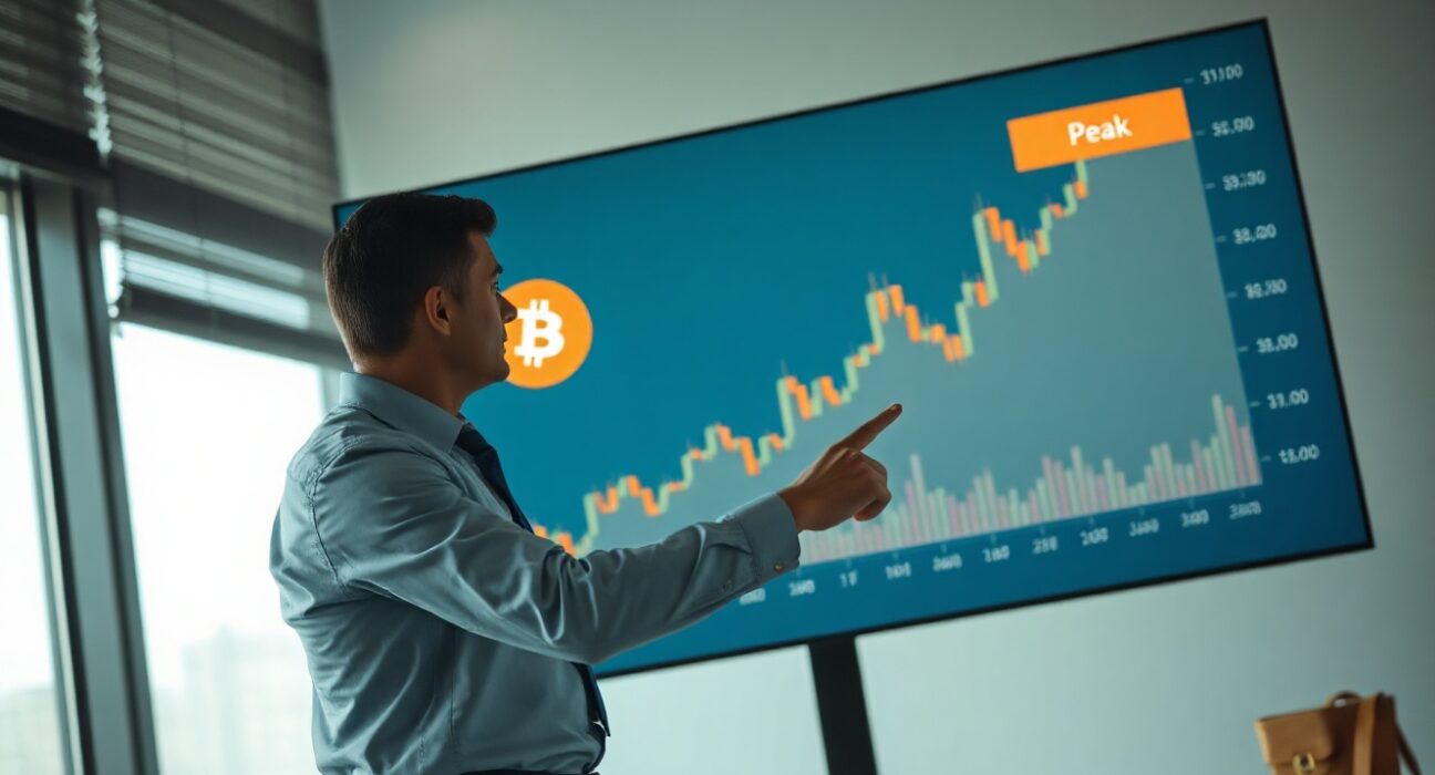 Financial analyst pointing at Bitcoin price chart showing a peak