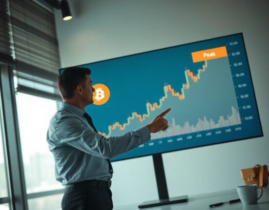 Financial analyst pointing at Bitcoin price chart showing a peak