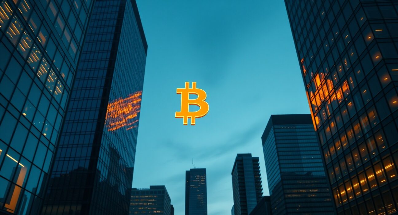 Bitcoin symbol integrated into a modern financial city skyline at dusk, representing future institutional adoption.