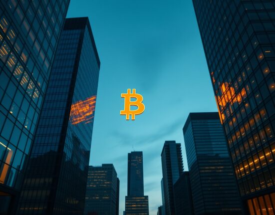 Bitcoin symbol integrated into a modern financial city skyline at dusk, representing future institutional adoption.