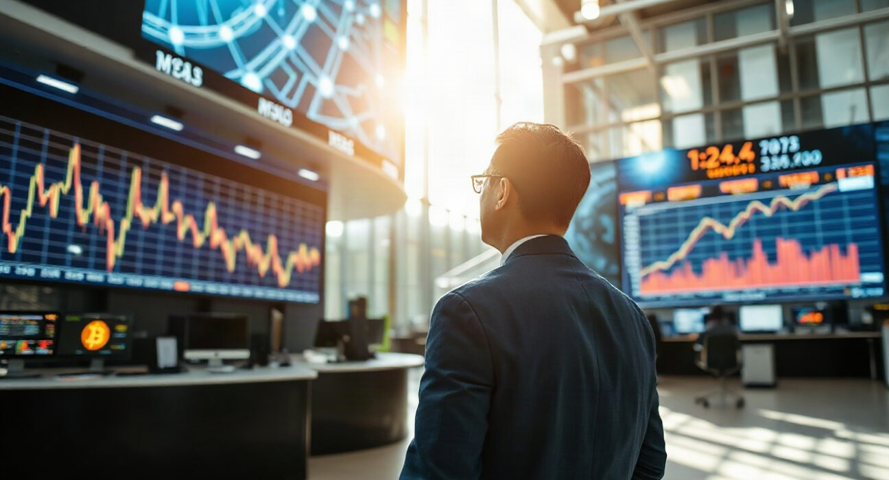 Analyst observing blockchain transaction data on trading floor screens