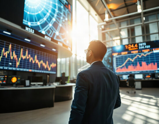 Analyst observing blockchain transaction data on trading floor screens