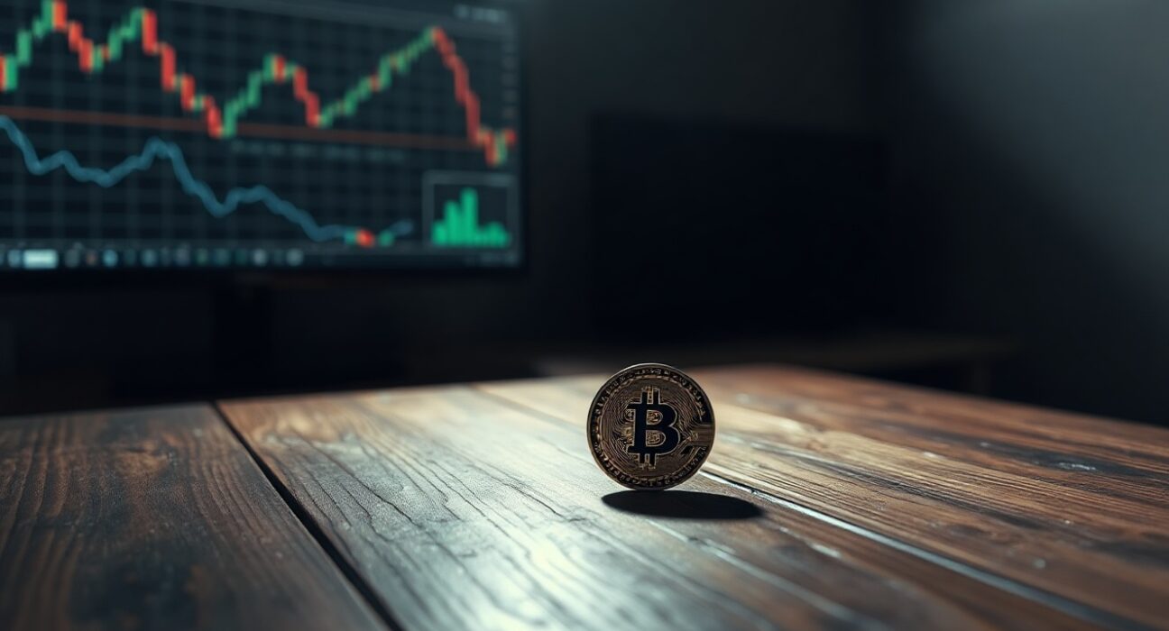 Bitcoin coin on wooden table in dim light, representing crypto as a contrarian investment