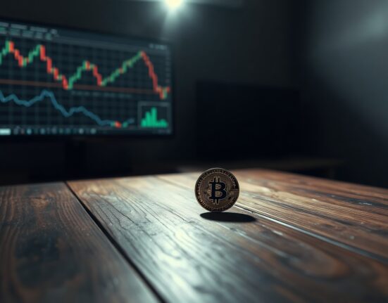 Bitcoin coin on wooden table in dim light, representing crypto as a contrarian investment