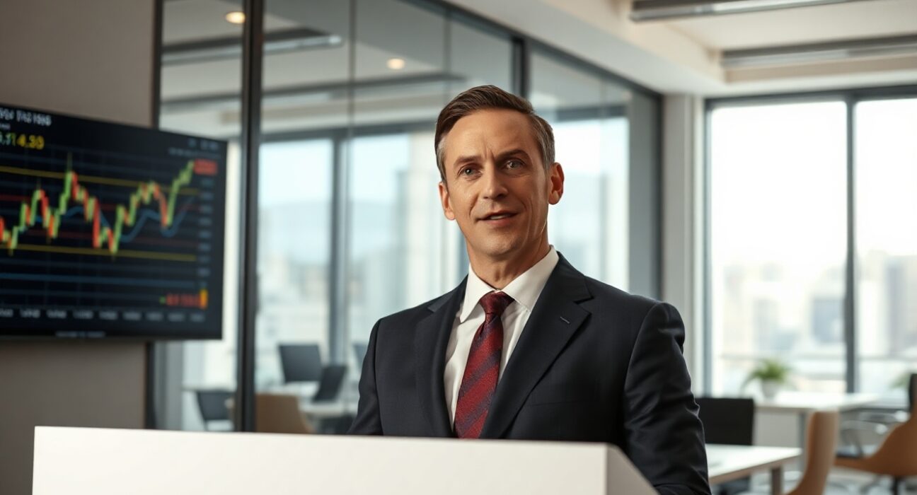 Bitwise CIO Matt Hougan speaking at a podium with digital crypto charts in background